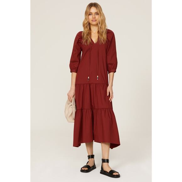 BOSS by HUGO BOSS Dresses & Skirts - BOSS Depera Tiered Midi Dress Burgundy Red V-Neck 3/4 Sleeve Size 6